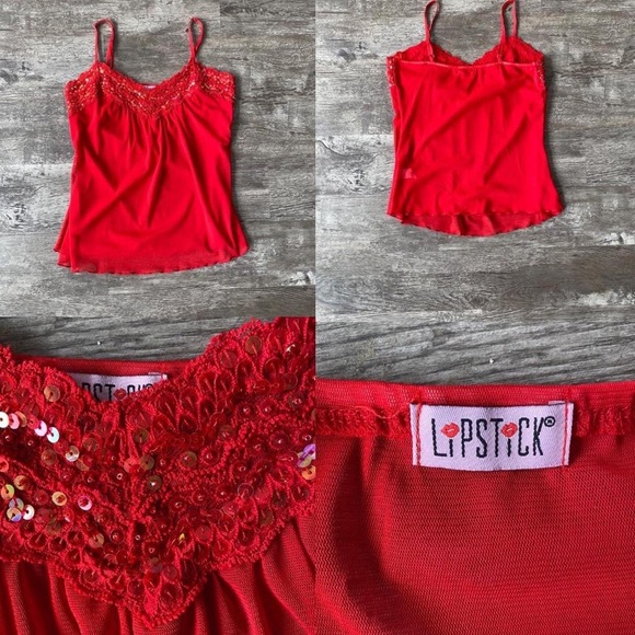Lipstick Red Lettuce Edge Sequin Cami - Picture 3 of 4